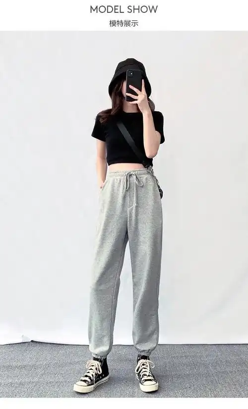 小个子145灰色运动裤女150宽松束脚哈伦裤九分裤百搭休闲裤夏xs码