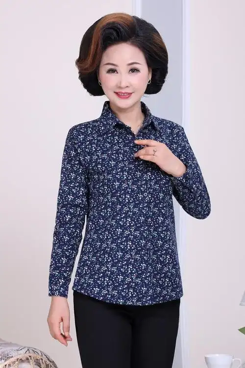 中老年妈妈装春秋季衬衣女长袖全棉休闲翻领上衣中年纯棉素色衬衫