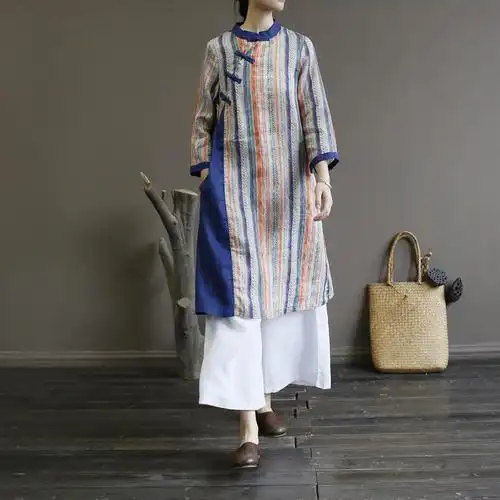 中国民族风女装春秋原创复古文艺棉麻连衣裙禅意亚麻料长裙袍子夏