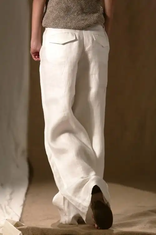 原创设计女装 原时 白色亚麻女 阔腿裤宽腿裤休闲裤 棉麻宽松 显瘦