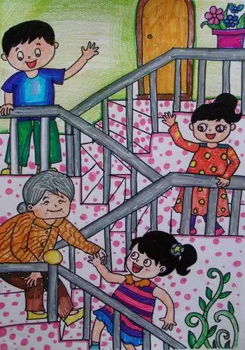 和谐楼道/少儿绘画作品/儿童画/网络美术馆_中国少儿美术教育网