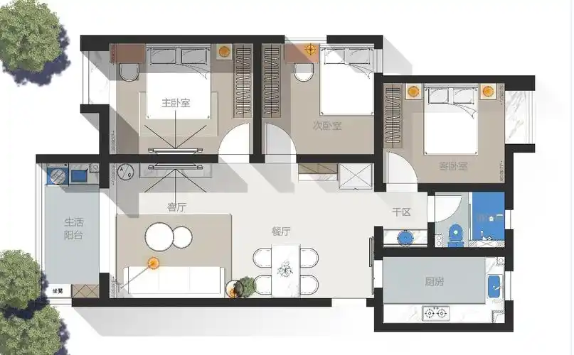 三室两厅一厨一卫一阳台,本案布局经典,客餐厅连为一体,满足家庭所有