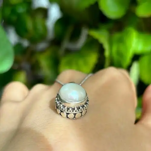 尼泊尔手工925纯银镶嵌天然珍珠吊坠复古宫廷气质民族风锁骨坠