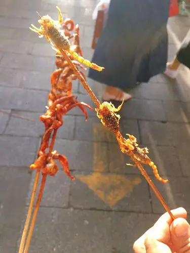 北京王府井的烤鱿鱼和蝎子,死贵不好吃,20180915.