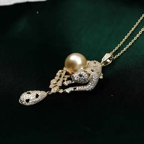 925银镀金镶嵌天然浓金色珍珠项链