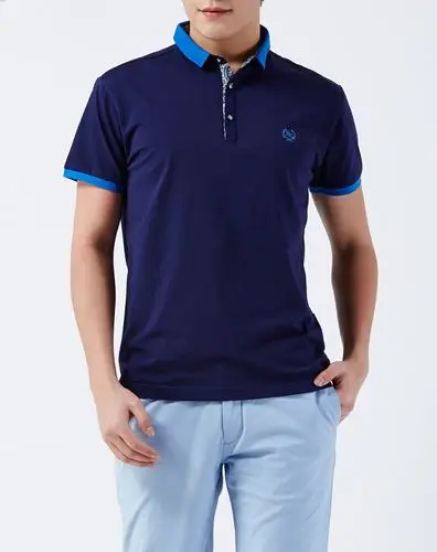 男装深蓝色翻领纯色拼接时尚短袖t恤