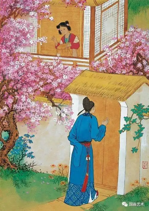 崔护科考落第,清明时节,到长安城南庄村赏桃花,一时口渴,叩门讨杯茶饮