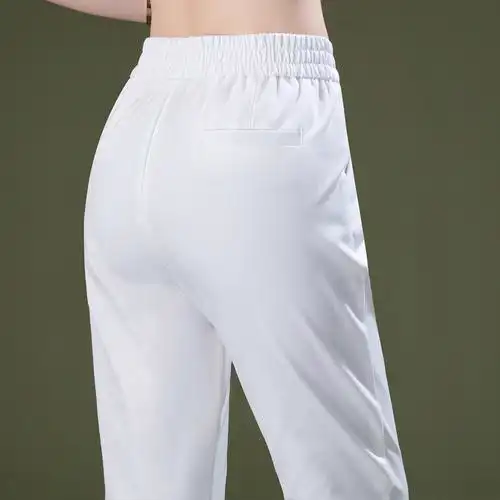 2022夏季新款白色冰丝休闲裤女士薄款九分裤松紧腰女裤哈伦裤裤子
