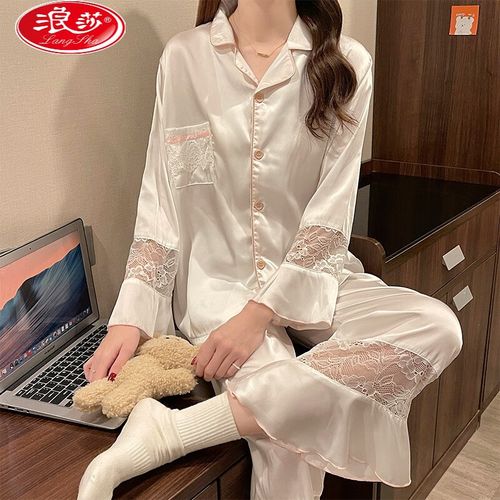 浪莎(langsha)真丝睡衣性感女2023新款开衫女薄款时装套装减龄家居服