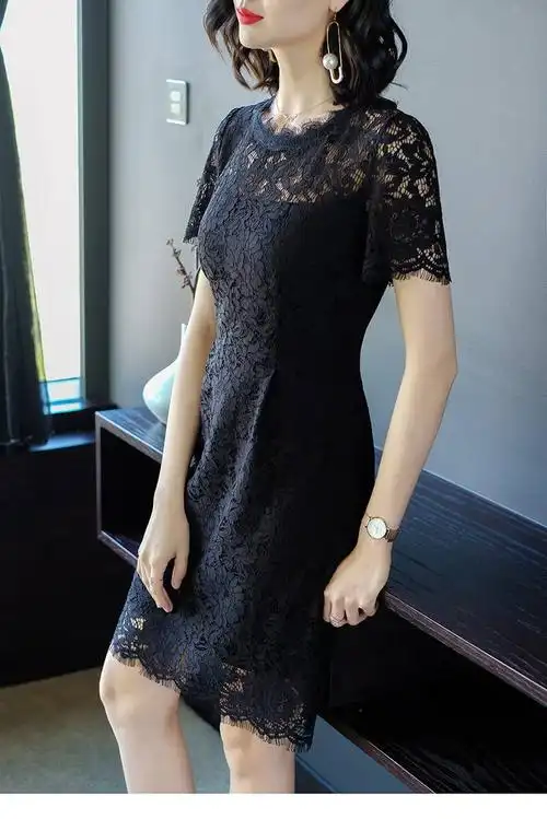 施悦名 2019夏新款修身气质黑色感性蕾丝连衣裙女打底蕾丝a字裙