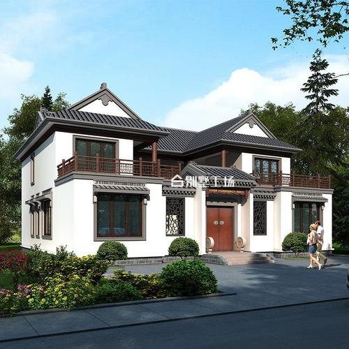 2214二层四合院别墅设计图纸徽派中式新农村自建房子带庭院效果图