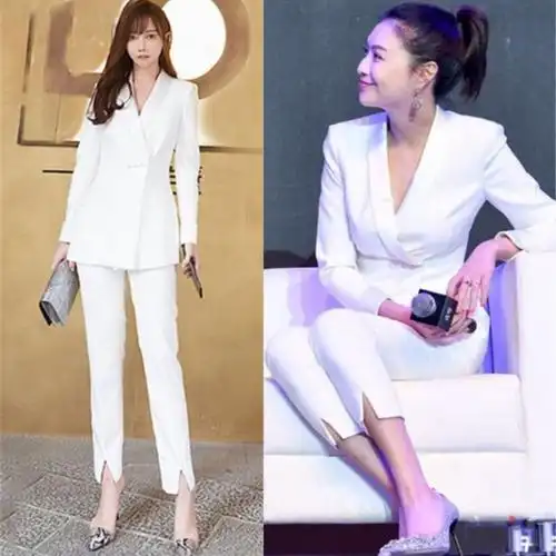 明星同款西装套装女秋韩版时尚高端气质白色休闲西服阔腿裤两件套