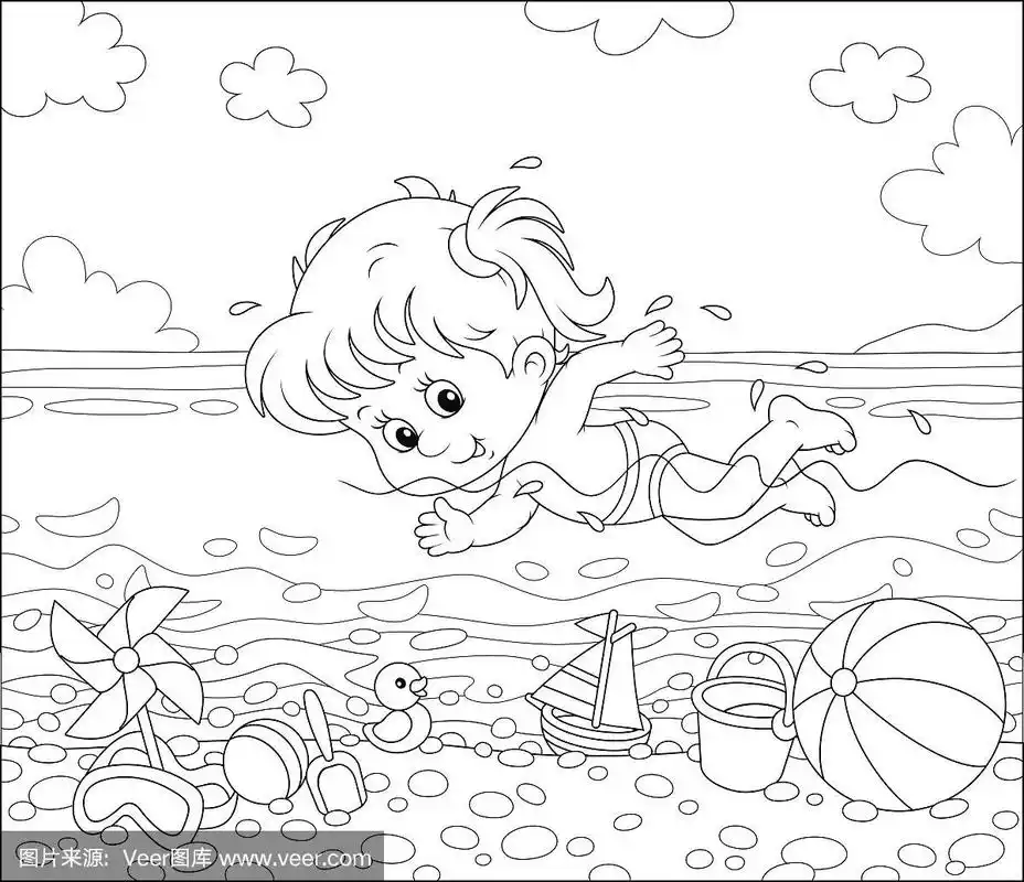 在沙滩上水里游泳的女孩