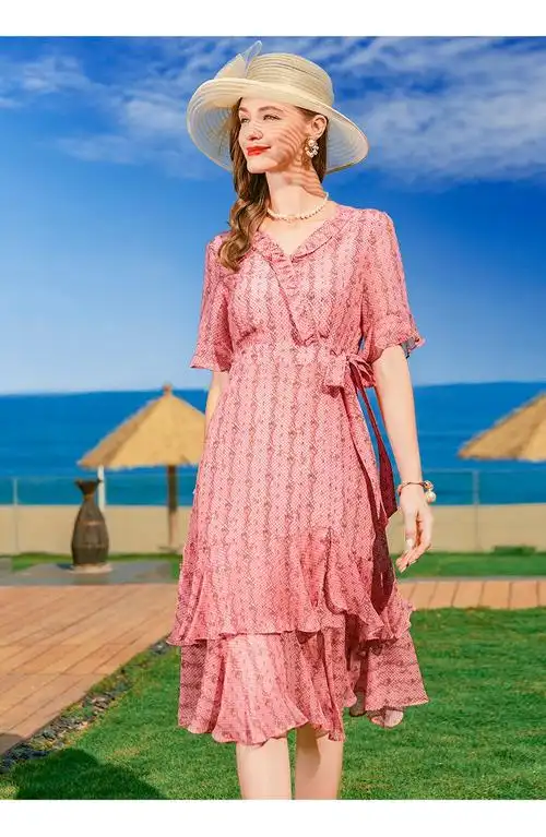 欧黎蔓粉色印花重磅桑蚕丝连衣裙女2022夏季新款法式茶歇真丝a字裙