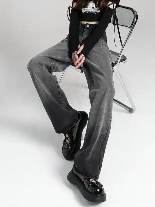 秋冬季渐变烟灰色阔腿牛仔裤女欧美高街vibe宽松直筒拖地裤ins潮