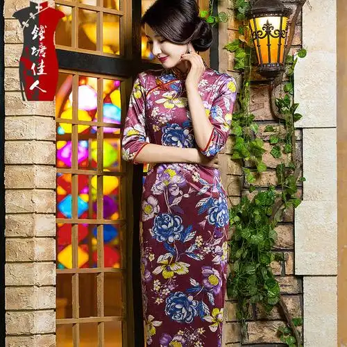 钱塘佳人旗袍长款秋冬长袖印花丝绒七分袖长款中国风时尚优雅气质