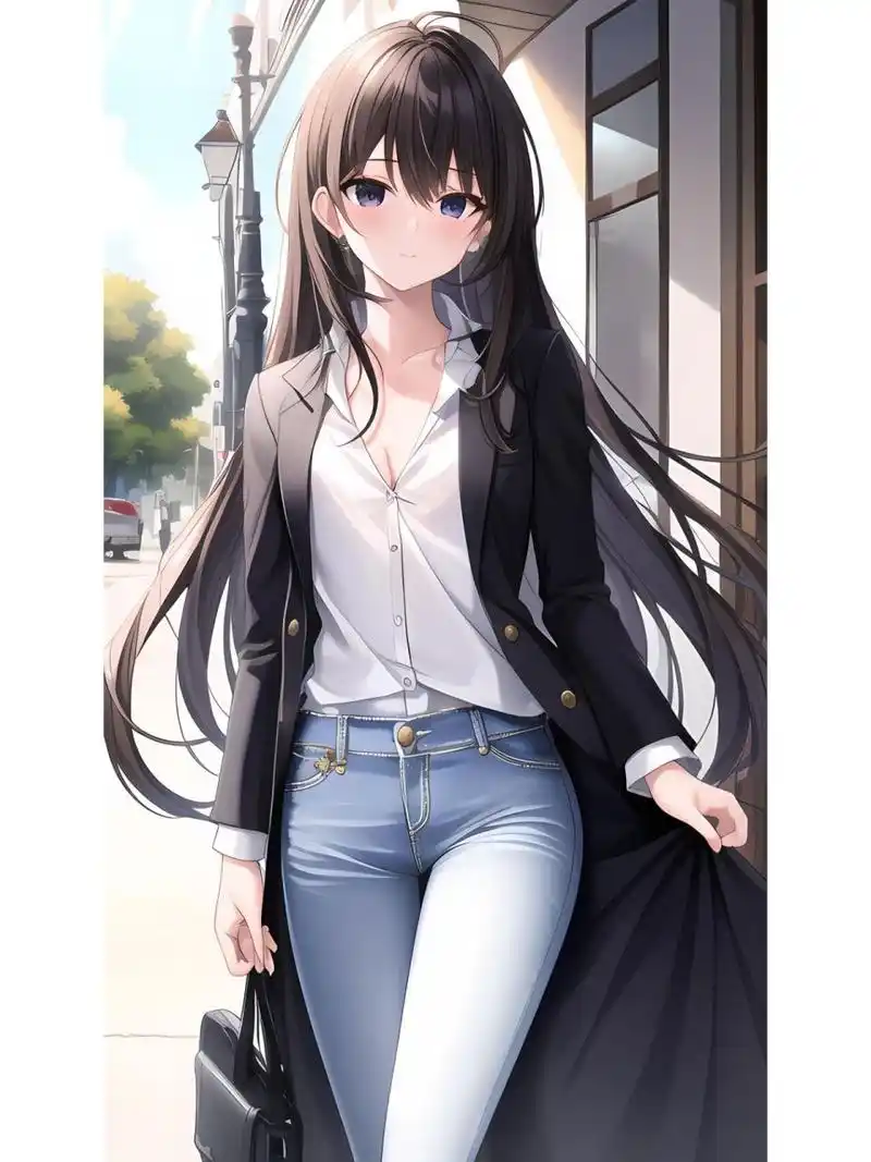 牛仔裤长发飘逸阳光女孩,动漫二次元绘画