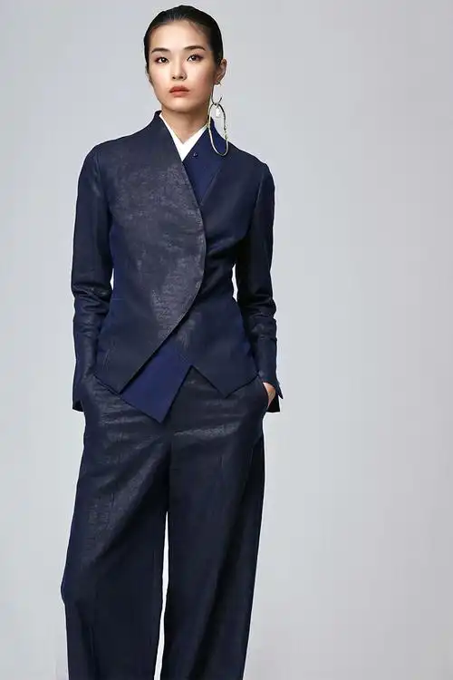 jancho/德玺见萩「香云纱」立领不对称门襟外套 女士西服