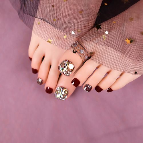 显白车厘子色光疗脚指甲成品璀璨闪耀带钻美甲贴片日式穿戴脚趾甲