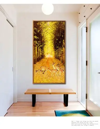 黄金满地寓意玄关装饰画楼梯走廊过道竖版挂画鹿进门入户壁画代发
