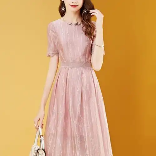 时尚女装粉色裙子减龄中长款雪纺连衣裙女夏季2021新款显瘦a字裙-优魅