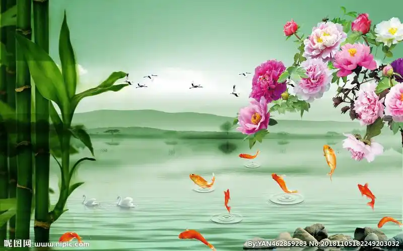 九鱼牡丹山水风景画图片