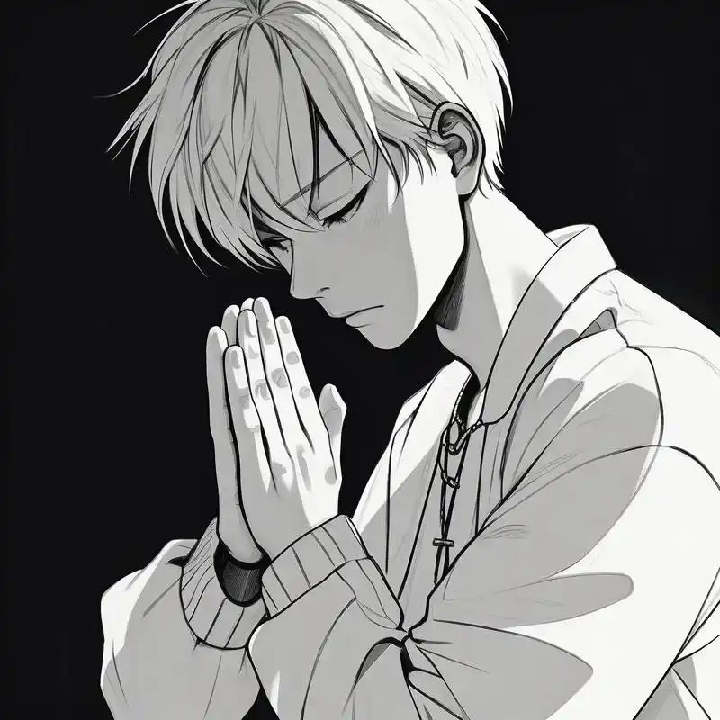 05男生求佛瞬间94 这幅黑白素描头像,捕捉了男生双手合十求佛的