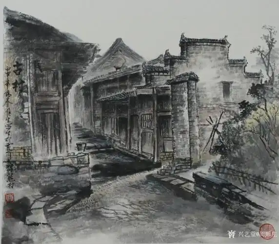 周顺生国画作品四尺斗方大圩古镇
