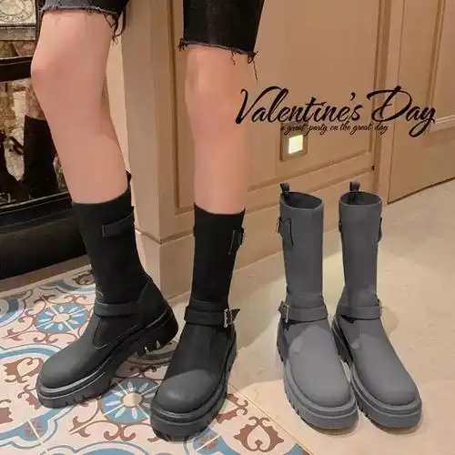 冬季靴子人造短毛绒平底中筒靴圆头韩版牛皮街头骑士靴保暖女鞋