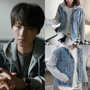 重生之门王俊凯同款衣服连帽牛仔拼接外套女2022新款宽松百搭时尚