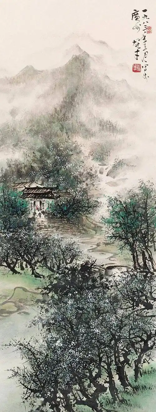 黎雄才画的农家小院山乡风情绕纸上