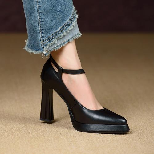 气质防水台高跟鞋2024新款真皮厚底尖头一字带粗跟浅口单鞋工作鞋