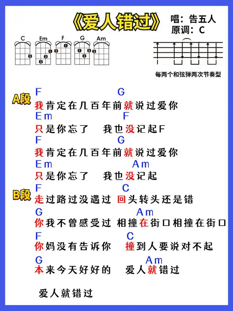 《爱人错过》尤克里里弹唱谱,简单版 哈喽哇,我是小酒,每日的尤克里里