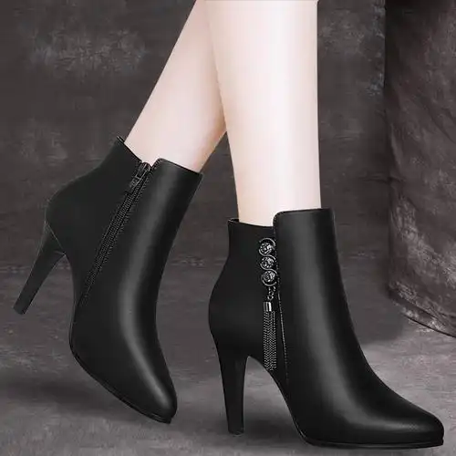 细跟短靴女士冬季加绒尖头黑色加厚软皮小跟皮鞋秋冬妈妈细高跟鞋