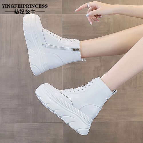 品牌内增高马丁靴女秋季新款薄款厚底英伦风小个子白色短靴单靴子