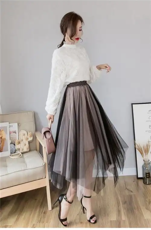 纱纱裙春夏超仙的撞色中长款a字蓬蓬半身裙纱纱裙森系ins网纱裙灰粉色