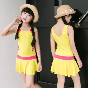 舒适女童连体游泳衣小女孩裙式三角裤小童中童速干儿童泳装 黄色 均码