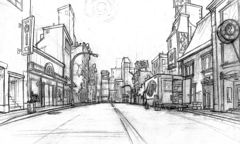 场景设计练习作业内容:把图8-27变换成一个不同角度的透视效果图(线稿