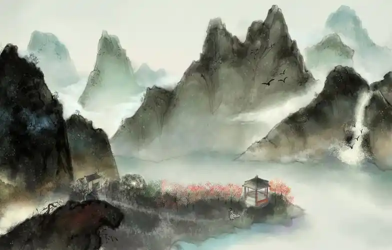 水墨山水画.青山烟绕,飞流逐燕,适时踏春归.