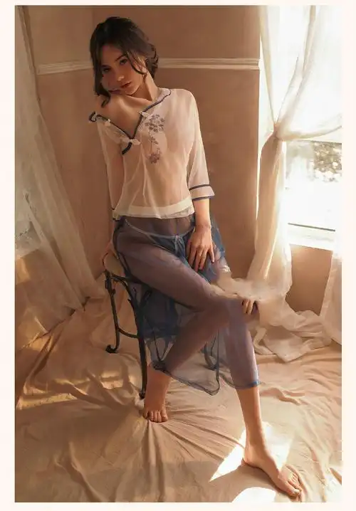 透视透明若隐若现民国学生装套装复古网纱辣妹穿搭 粉色(上衣 纱裙 )