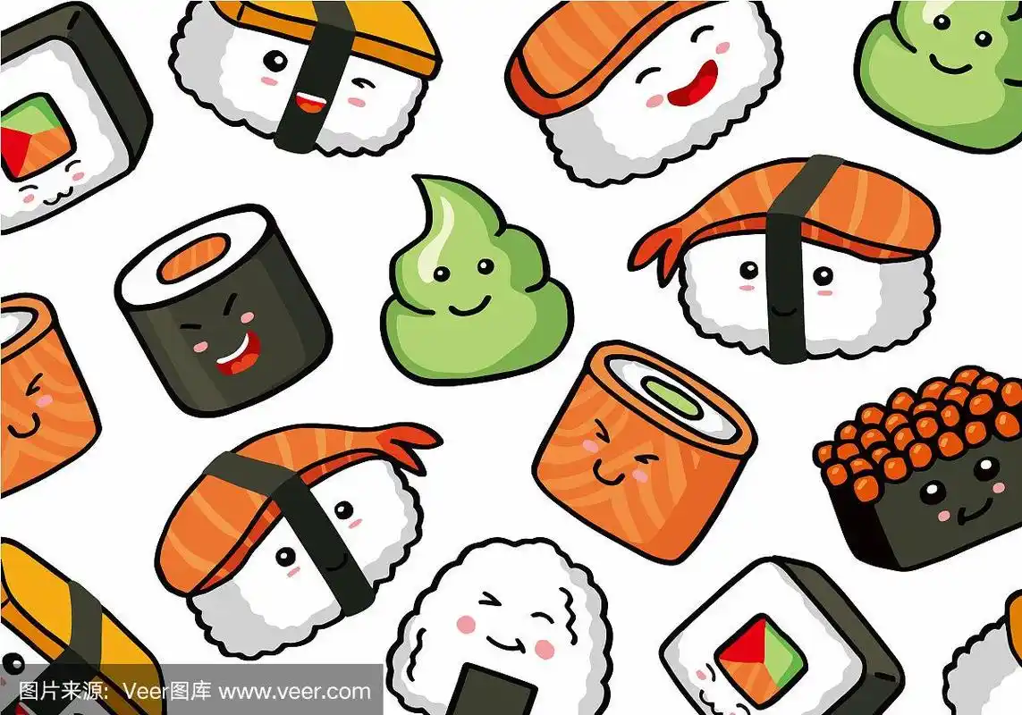 饭团和寿司无缝涂鸦图案