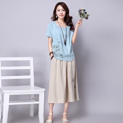 rindu素订棉麻女装素素色百搭半身裙中长款大码配白t两件装品牌 浅
