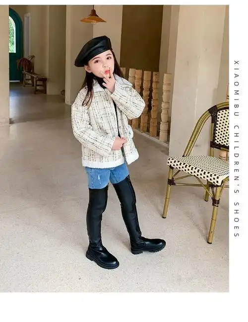 卡傲臻女童靴子过膝长靴2021秋冬季新款时尚长筒皮靴加绒鞋子儿童高筒