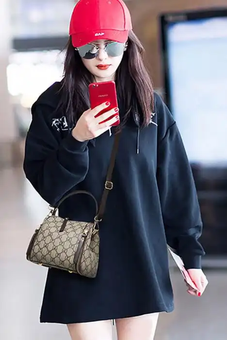 杨幂同款包包女2018早春新款撞色水桶包老花包时尚简约手提包女单肩