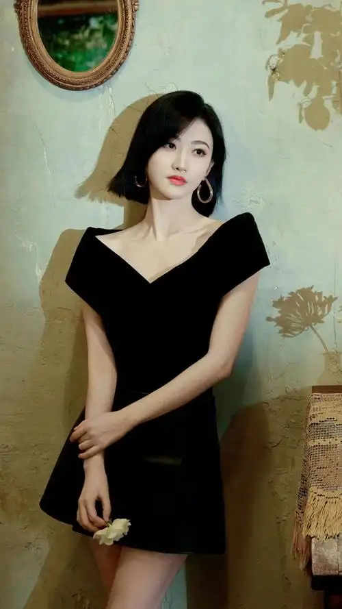 短发景甜,穿黑色v领短裙,有着轻熟美人的韵味