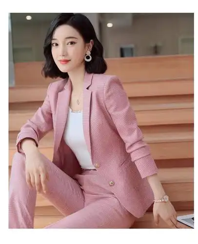 单件/套装格子粉色西装套装女职业时尚气质正装千鸟格西服工作服