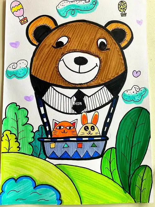 可爱小熊热气球儿童画