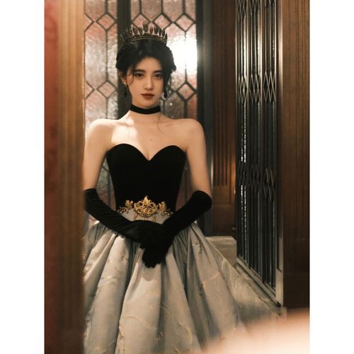 巨宠鞠婧祎同款晚礼服裙女黑色毕业成人礼赫本风敬酒服新娘感订婚