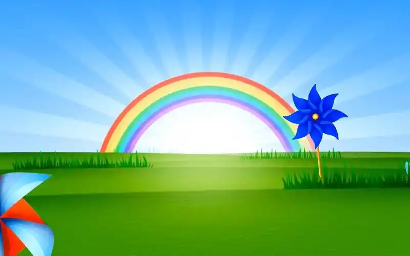 c13可爱卡通夏日彩虹风车草地六一儿童节幼儿园少儿表演晚会舞台演出