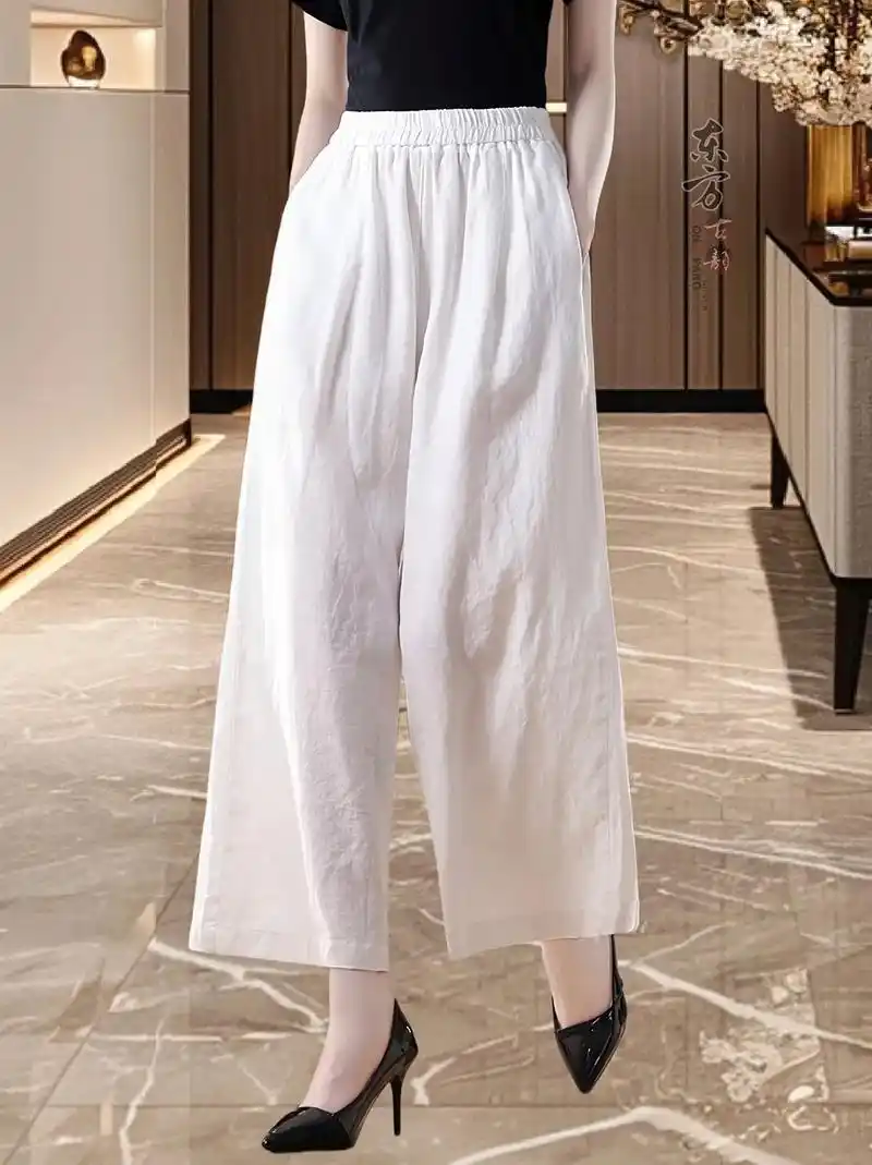 2024春夏新款高腰亚麻阔腿裤74九分薄款